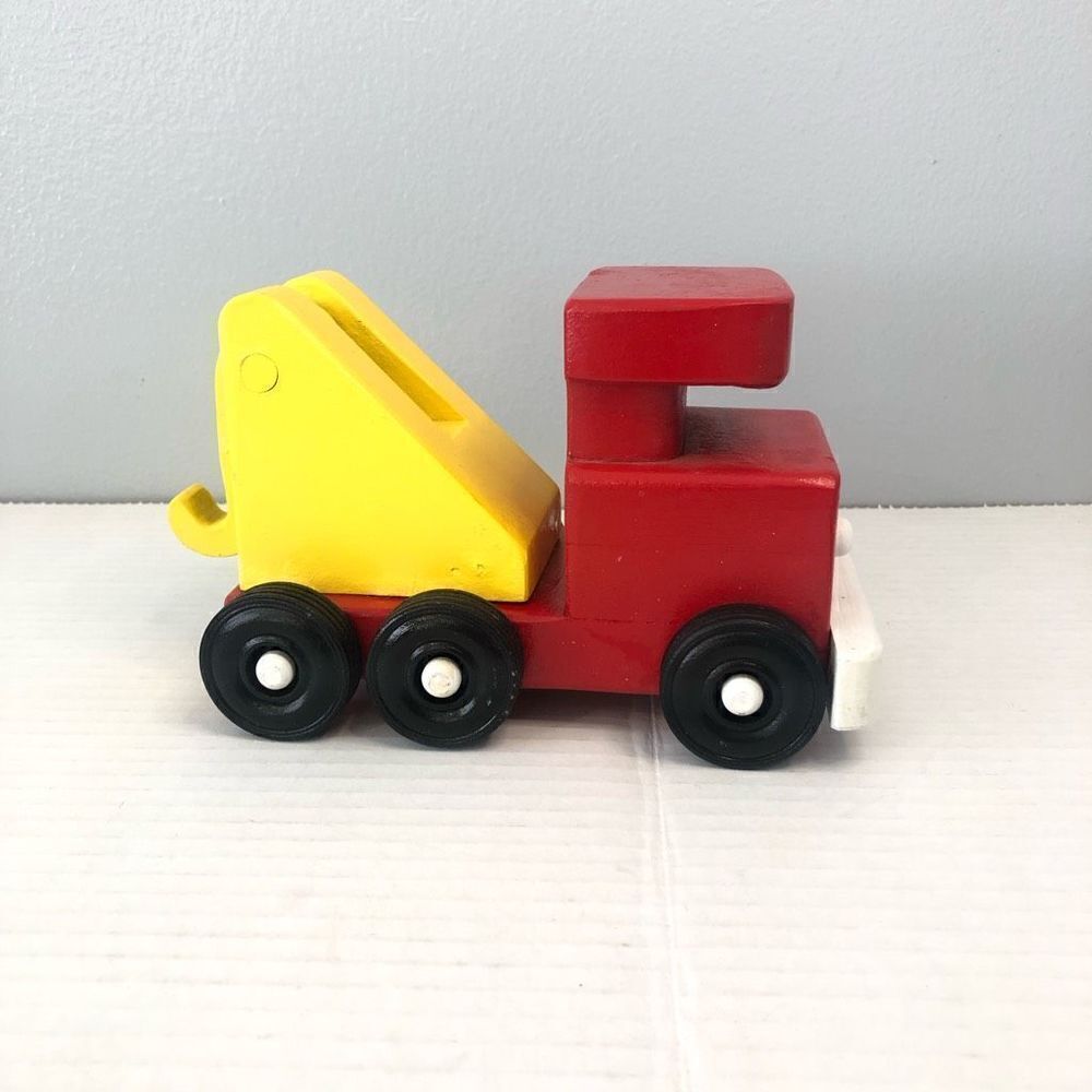 wooden tow truck display decor heavy wood rubber material wheels 7.5"
